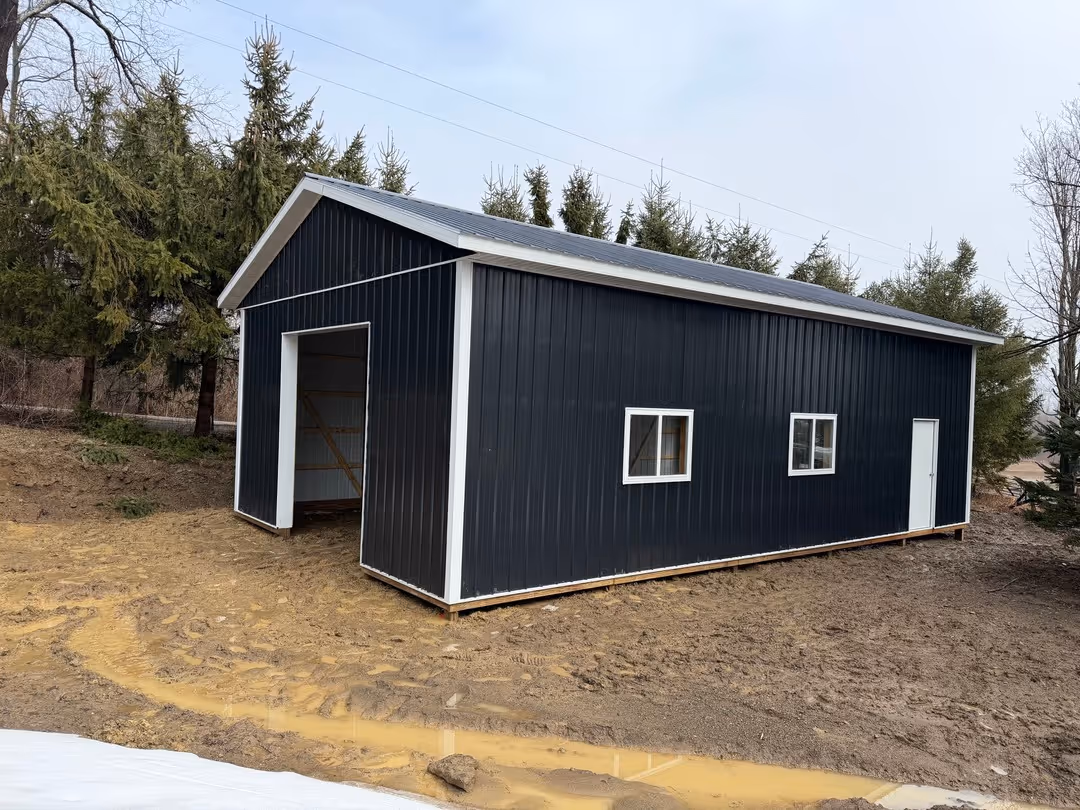Black metal barn with white trim, two windows, and an open door on muddy ground near pine trees.
