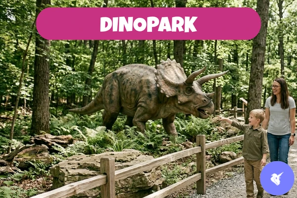 Malý chlapec a žena kráčejí v dinoparku vedle modelu dinosaura mezi stromy a plotem.
