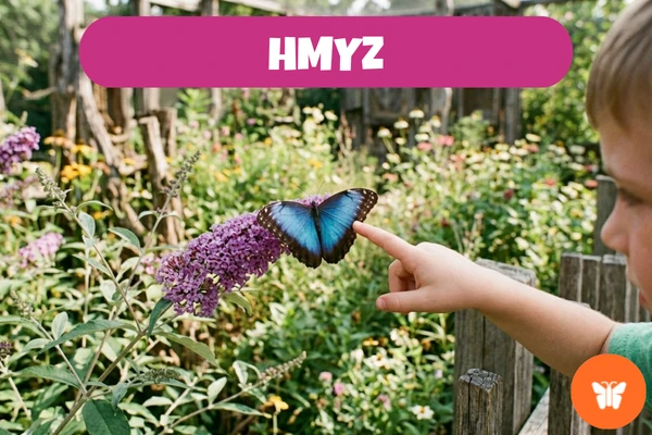 Dítě ukazuje na modrého motýla sedícího na fialové květině v zahradě.