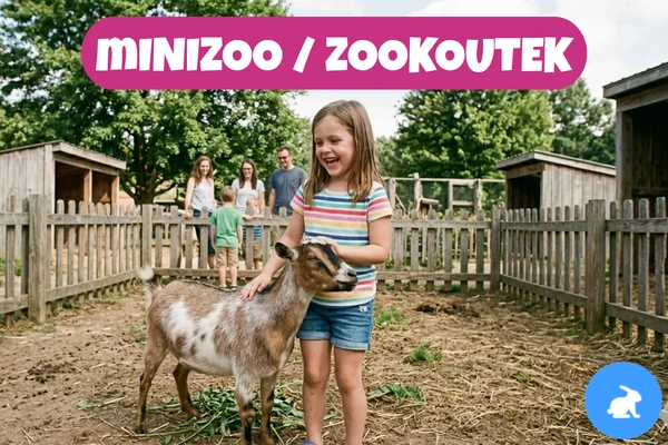 Dívka hladí malou kozu ve výběhu minizoo, v pozadí jsou rodiče s dalšími dětmi.