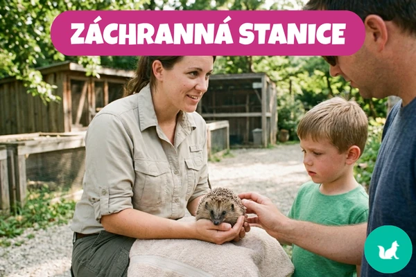 Žena v záchranné stanici drží ježka, chlapec a muž ho jemně hladí venku.