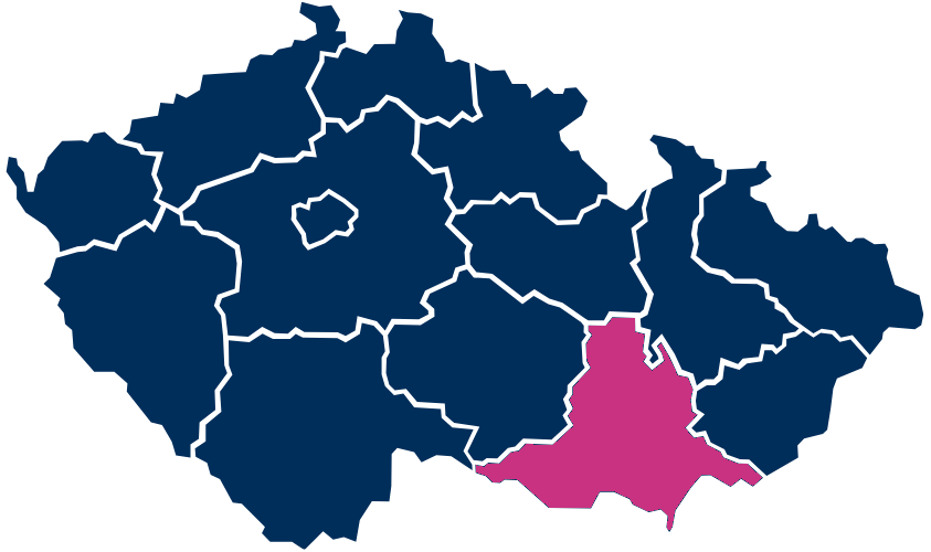 Mapa České republiky s vyznačeným Jihomoravským krajem růžovou barvou.