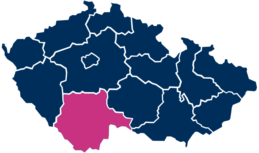 Mapa České republiky s Jihočeským krajem zvýrazněným růžovou barvou.