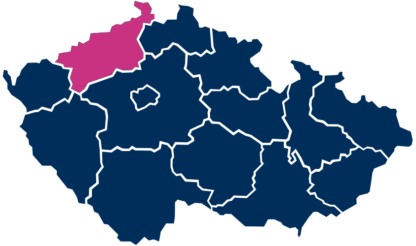 Mapa Česka s barevně zvýrazněným Ústeckým krajem v severozápadní části země.