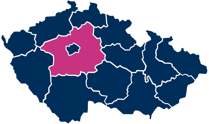 Mapa České republiky s vyznačeným Středočeským krajem červeně a ostatními kraji modře.