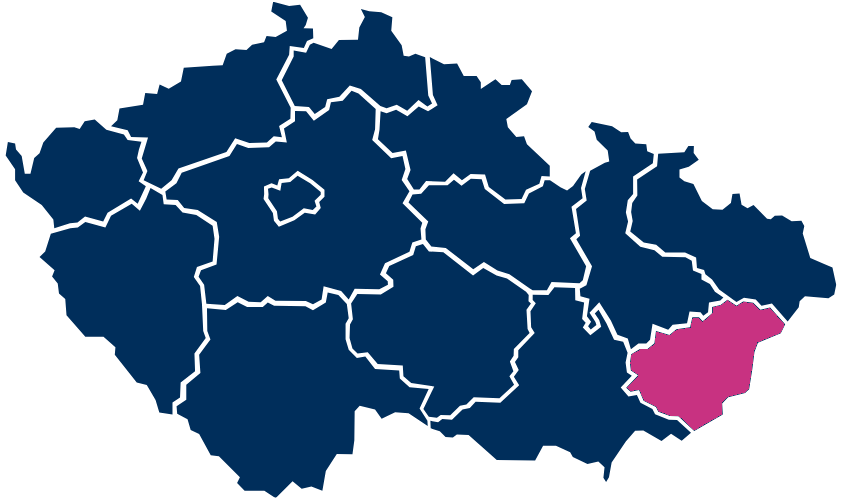 Mapa České republiky s barevně zvýrazněným Zlínským krajem na východě země.
