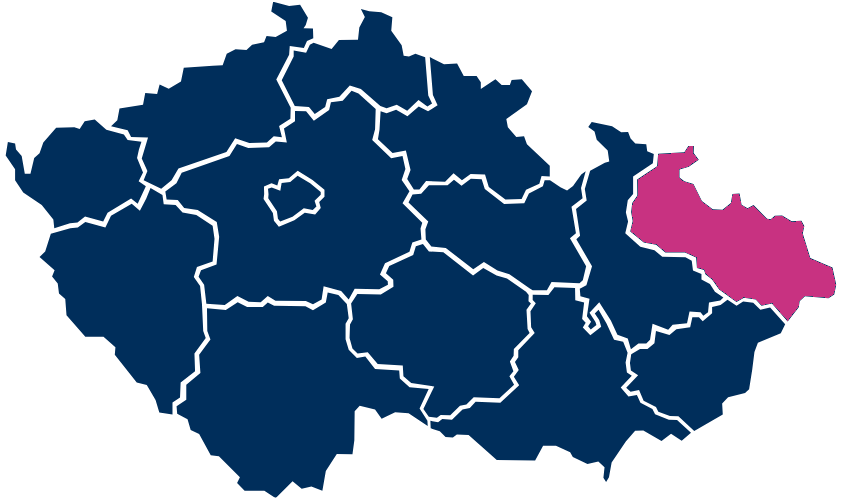 Mapa České republiky s Moravskoslezským krajem zvýrazněným růžovou barvou na východě.