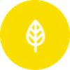 Bílé jednoduché lístkové logo na žlutém kruhovém pozadí.