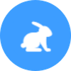 Bílý symbol králíka na modrém kruhovém pozadí.