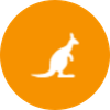 Bílý siluet klokana na oranžovém kruhovém pozadí.