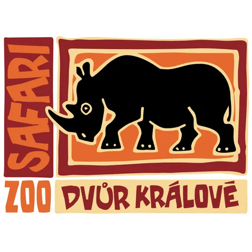 Logo Safari Zoo Dvůr Králové with a black rhinoceros illustration on red and orange background.