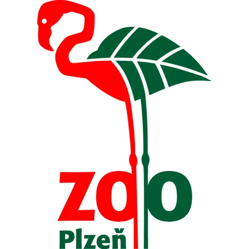 Logo Zoologické zahrady Plzeň s červeným plameňákem a zeleným listem
