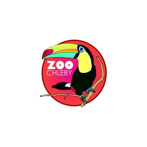Logo ZOO Chleby s barevným tukánem sedícím na větvi a červeným kruhem v pozadí.