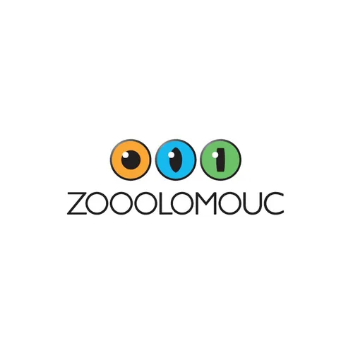 Logo ZOO Olomouc se stylizovanými třemi oky v oranžové, modré a zelené barvě.
