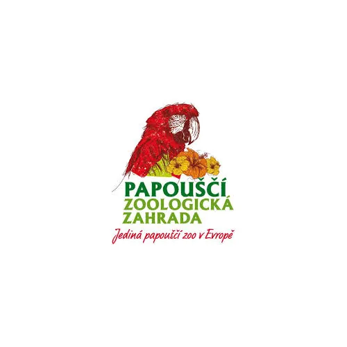 Logo Papouščí zoologická zahrada with a red parrot and flowers above green and red text.