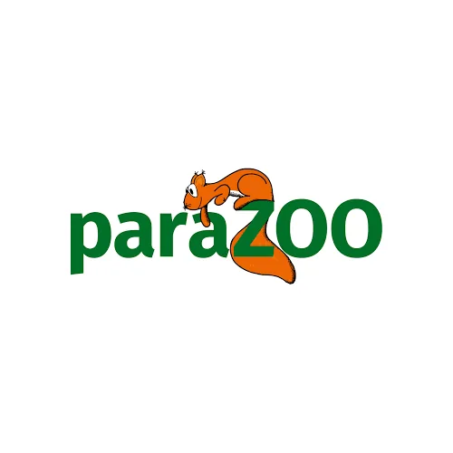 Logo Parazoo s písmeny a oranžovou veverkou přes písmeno Z.