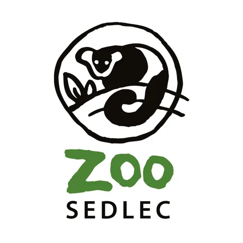 Černobílý kreslený lemur ve tvarovaném kruhu nad nápisem Zoo Sedlec.