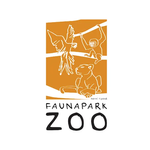Logo s papouškem, opicí a lvem, text Faunapark Zoo Horní Lipová.