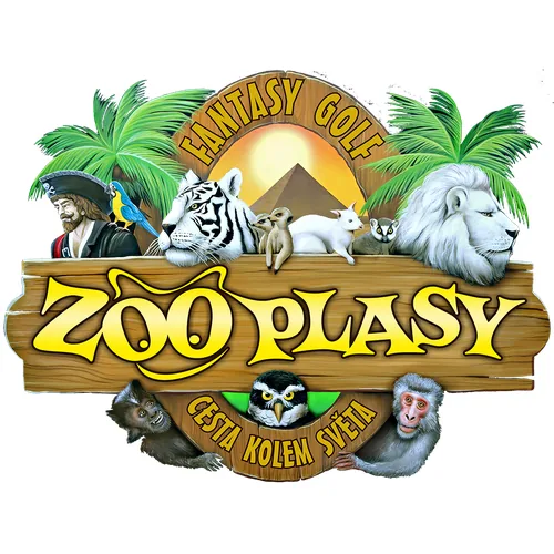 Logo s nápisem Zoo Plasy, zvířaty a palmami, včetně tygra, lva, opic a piráta.