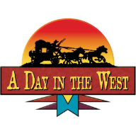 A Day in the West logo with sunset, wagon, horses, and ribbon graphic.