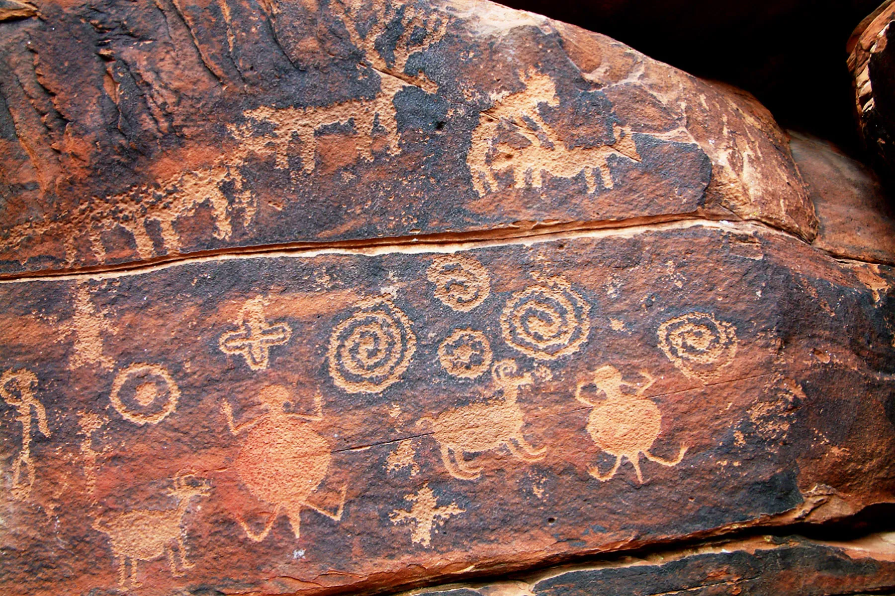 Ancient petroglyphs featuring spirals, animals, and abstract shapes carved into red rock surface.