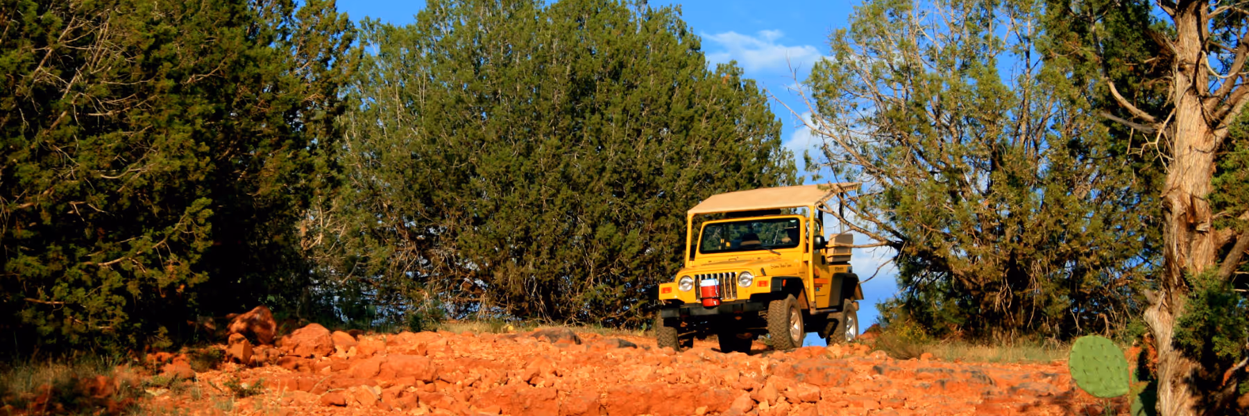Yellow off-road vehicle parked on rocky red dirt path surrounded by green trees under a blue sky.