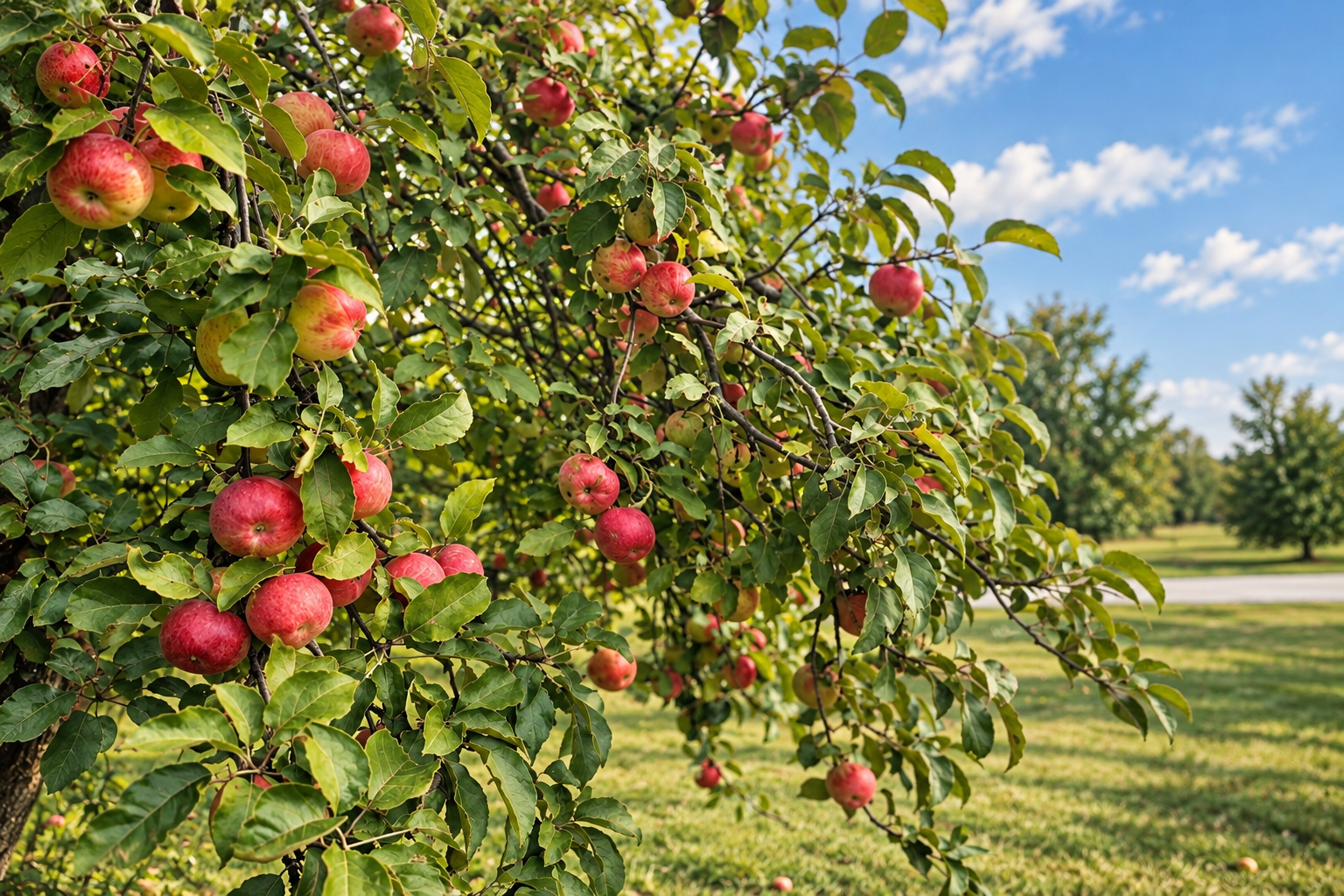 Red apples growing on an apple tree in Northern Michigan.