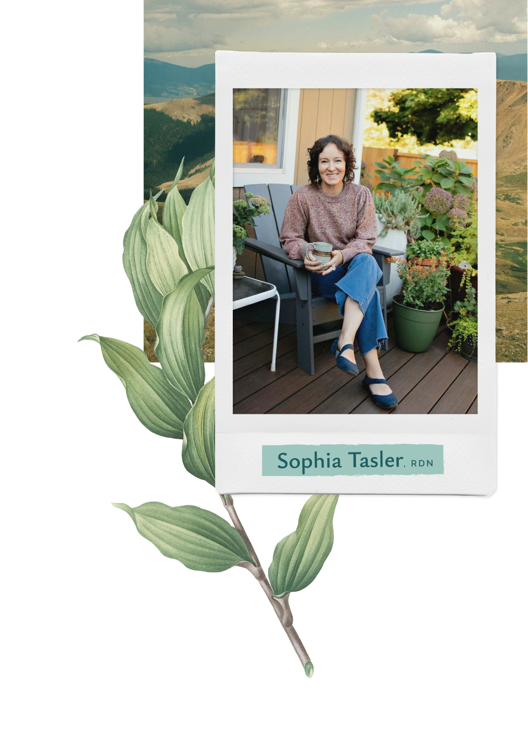 Sophia Tasler sitting on a wooden chair on a porch, holding a cup, surrounded by potted plants.