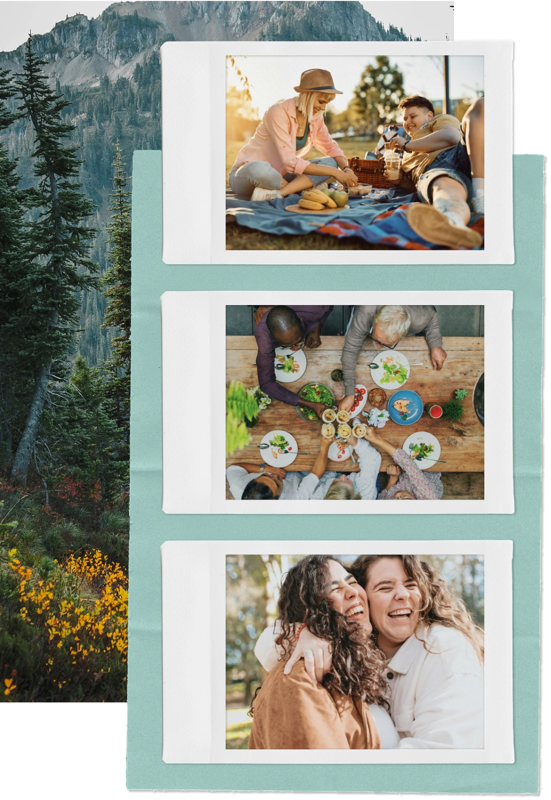 Collage of three photos: two people having a picnic outdoors, a group toasting glasses over a meal, and two women laughing and hugging.