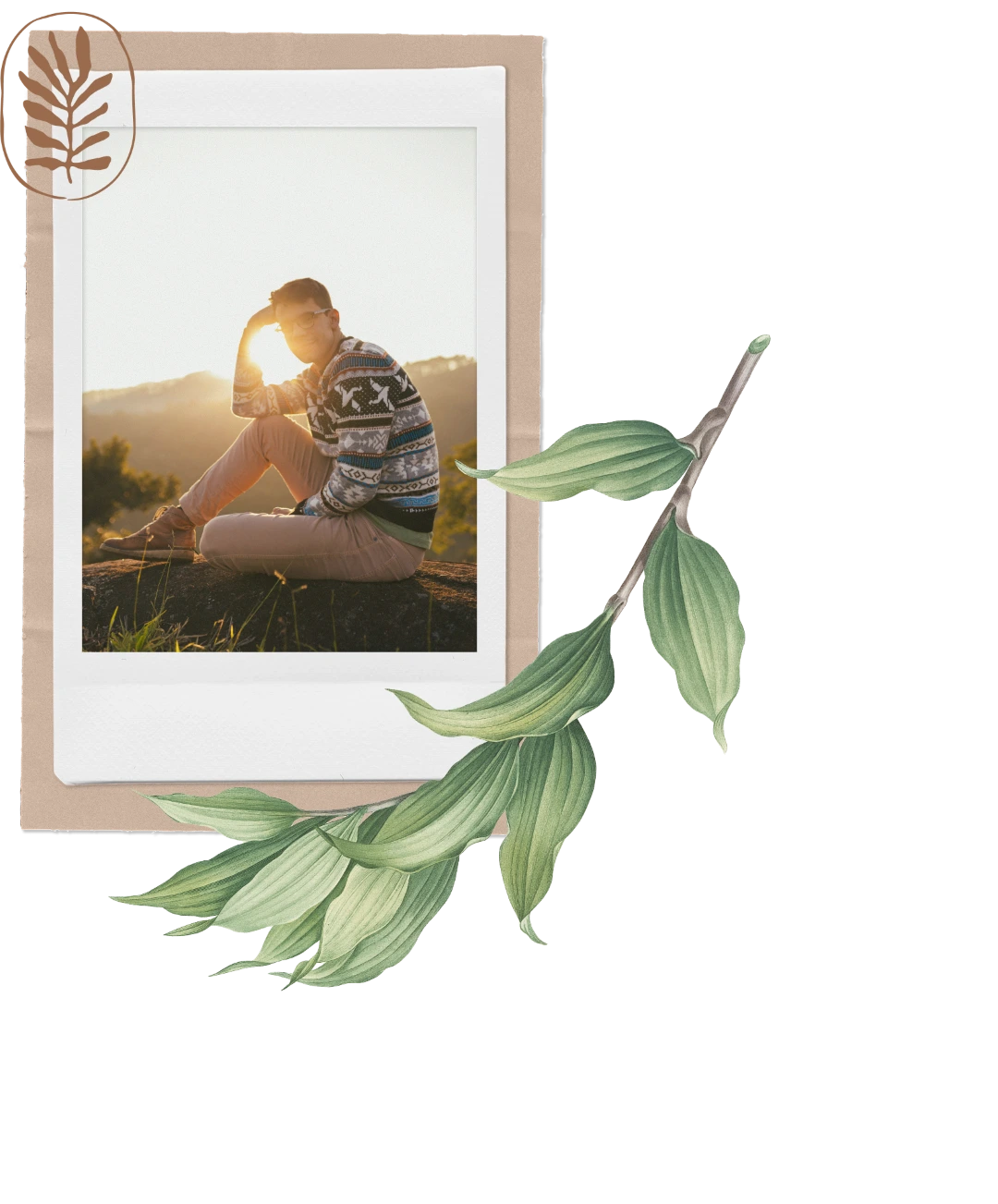 Person sitting on a rock outdoors at sunset with sunlight behind, framed by floral and leaf illustrations.