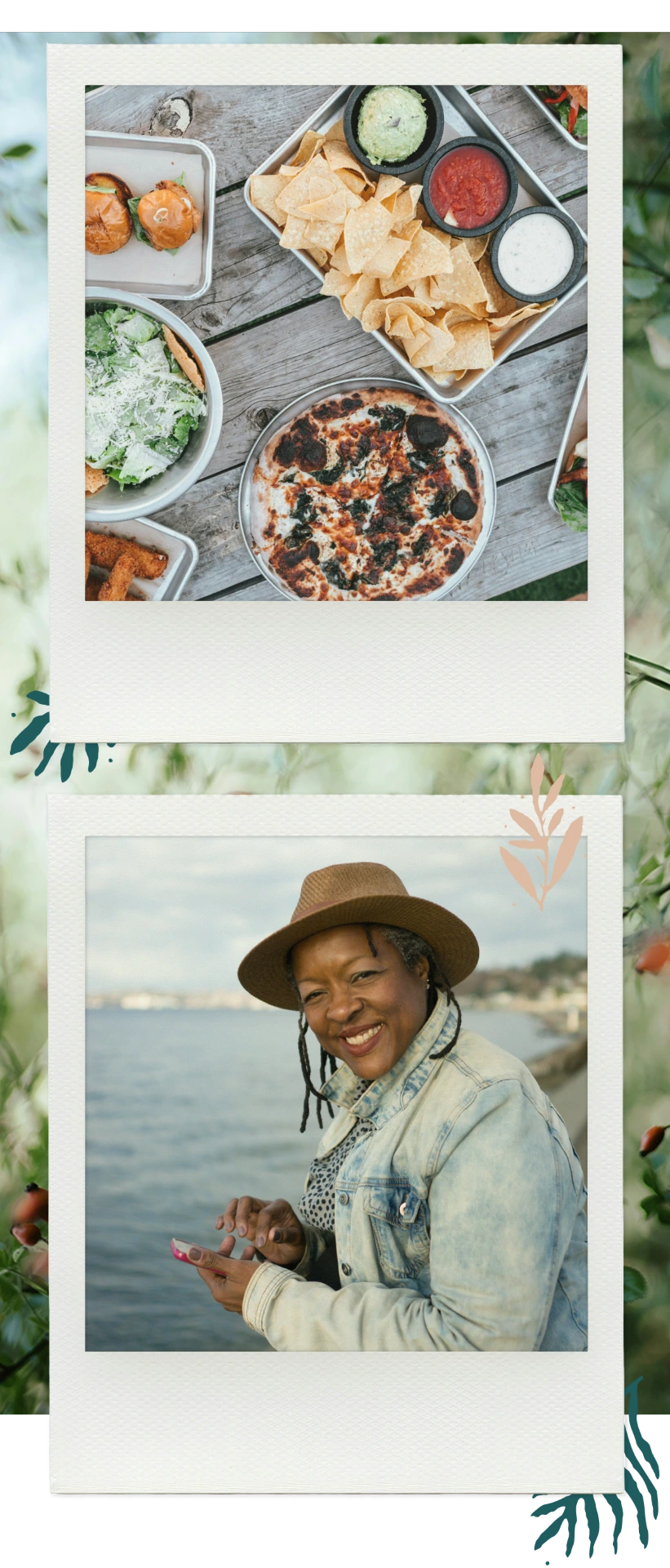 Top photo shows a rustic wooden table with a pizza, chips with guacamole, salsa, sour cream dips, salad, sliders, and fried snacks; bottom photo shows a smiling woman in a brown hat and denim jacket using a smartphone by a waterfront.