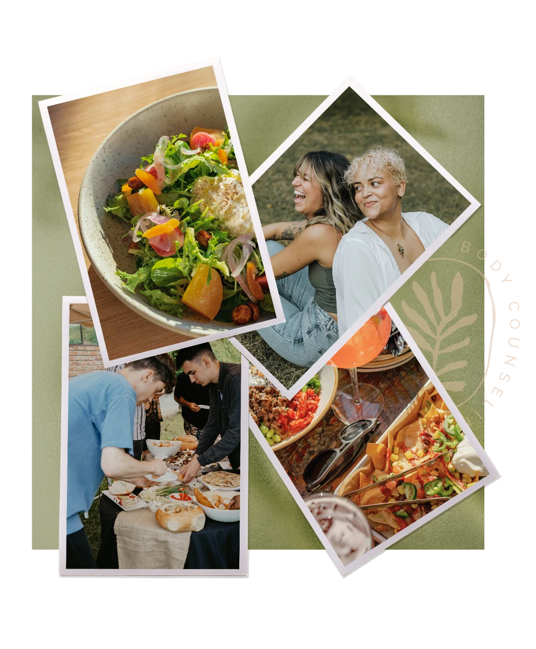 Collage of four photos: a bowl of fresh salad with greens and colorful vegetables, two women sitting on grass smiling and laughing, people serving food at an outdoor buffet, and a table with loaded nachos and drinks.