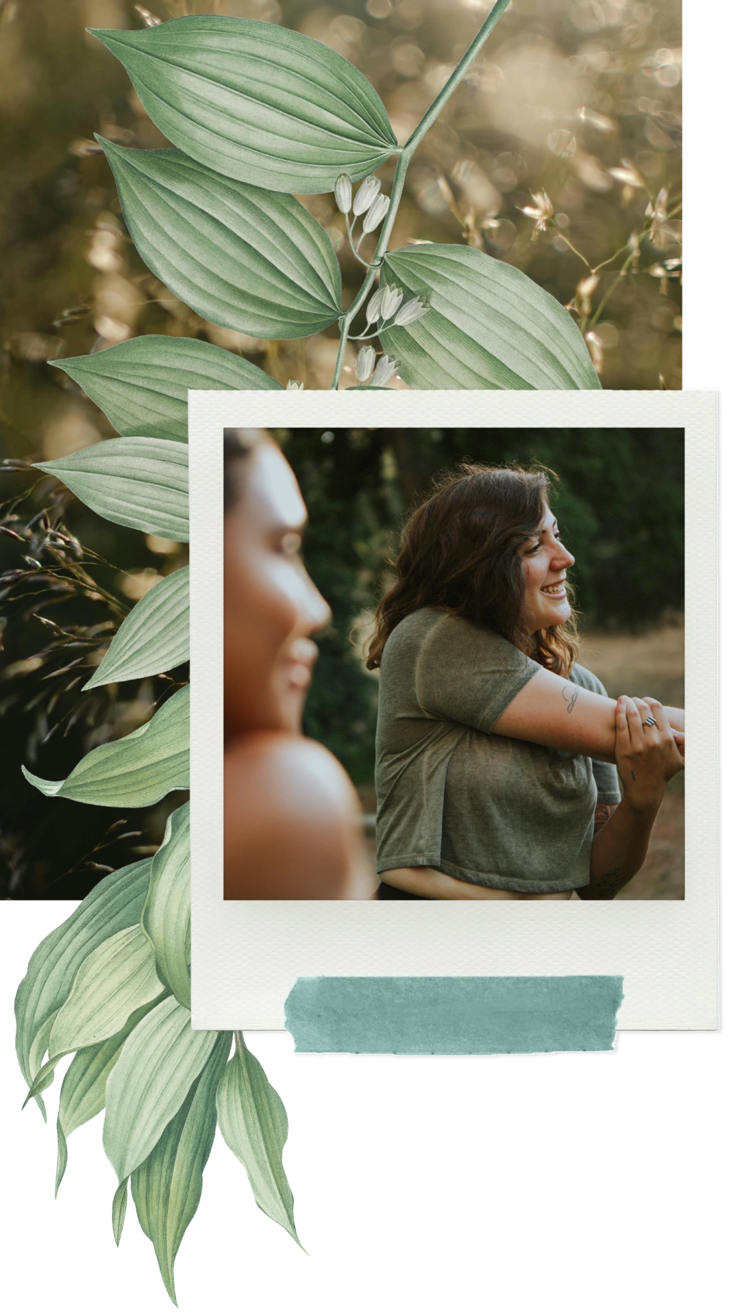 Smiling woman stretching her arm outdoors, framed by a Polaroid-style border with illustrated green leaves in the background.