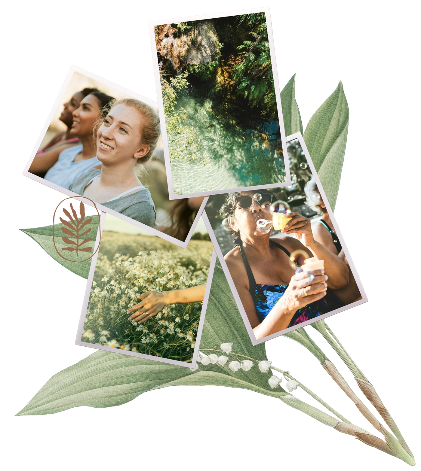 Collage of photos: smiling women, clear water with rocks, hand touching flowers, woman blowing bubbles outdoors.