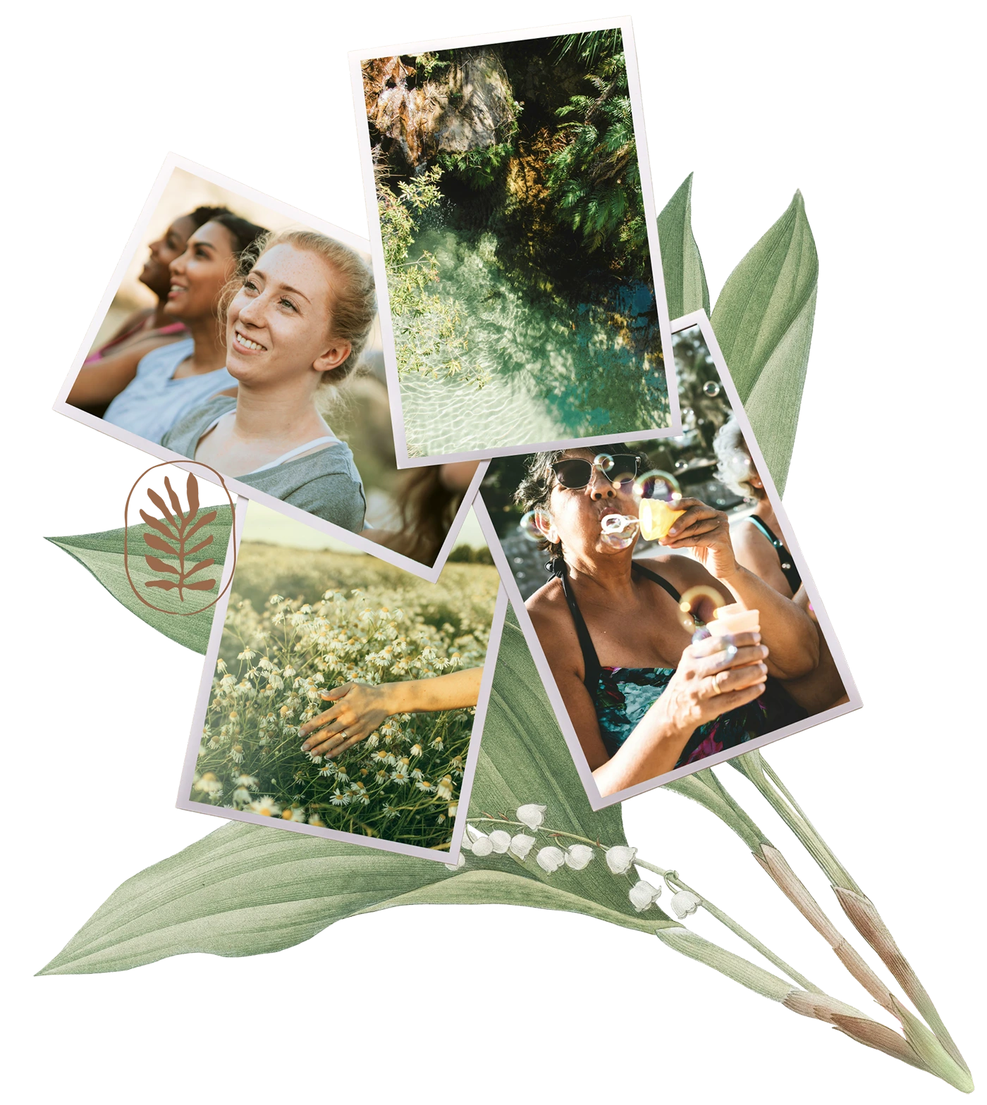Collage of photos: smiling women, clear water with rocks, hand touching flowers, woman blowing bubbles outdoors.