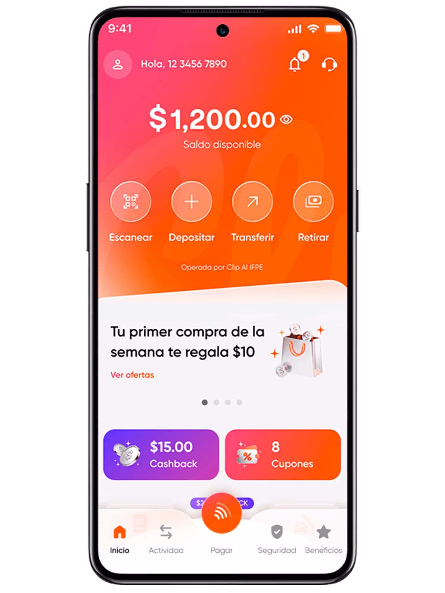 Pantalla de la App de pagos Mi Clip con saldo de $1,200, opciones para escanear, depositar, transferir y retirar, y cashback