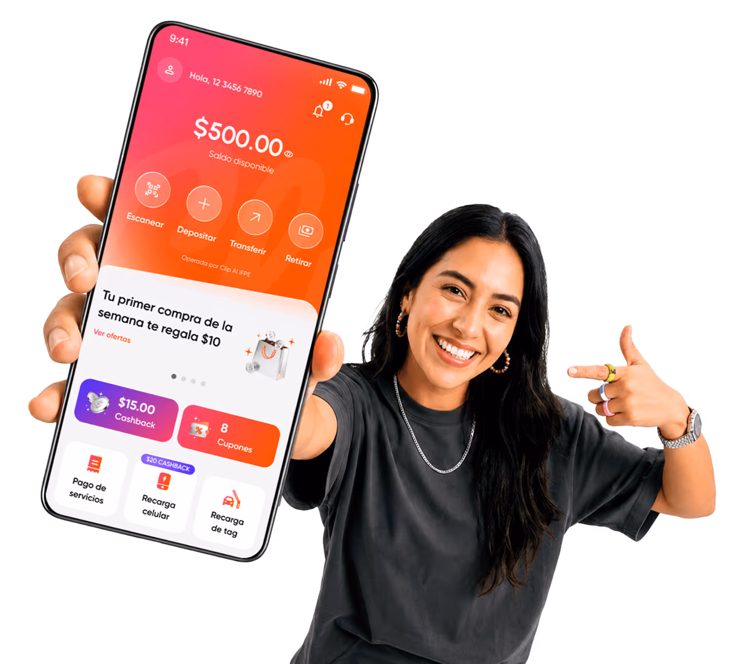 Mujer sonriente mostrando un celular con la app de pago Mi Clip y saldo disponible de $500 MXN.