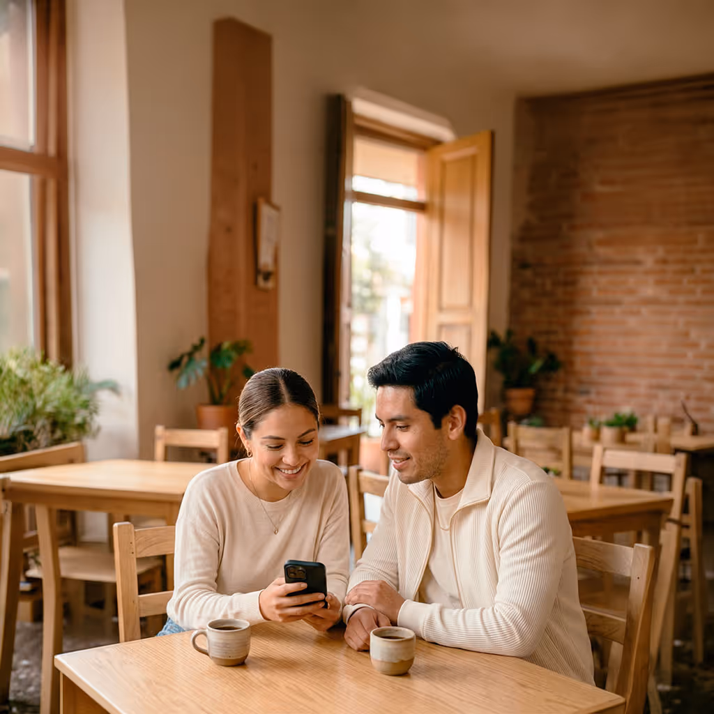 Pareja sonriente mirando un teléfono móvil mientras usa Mi Clip, una app de pagos para manejar dinero desde el celular.