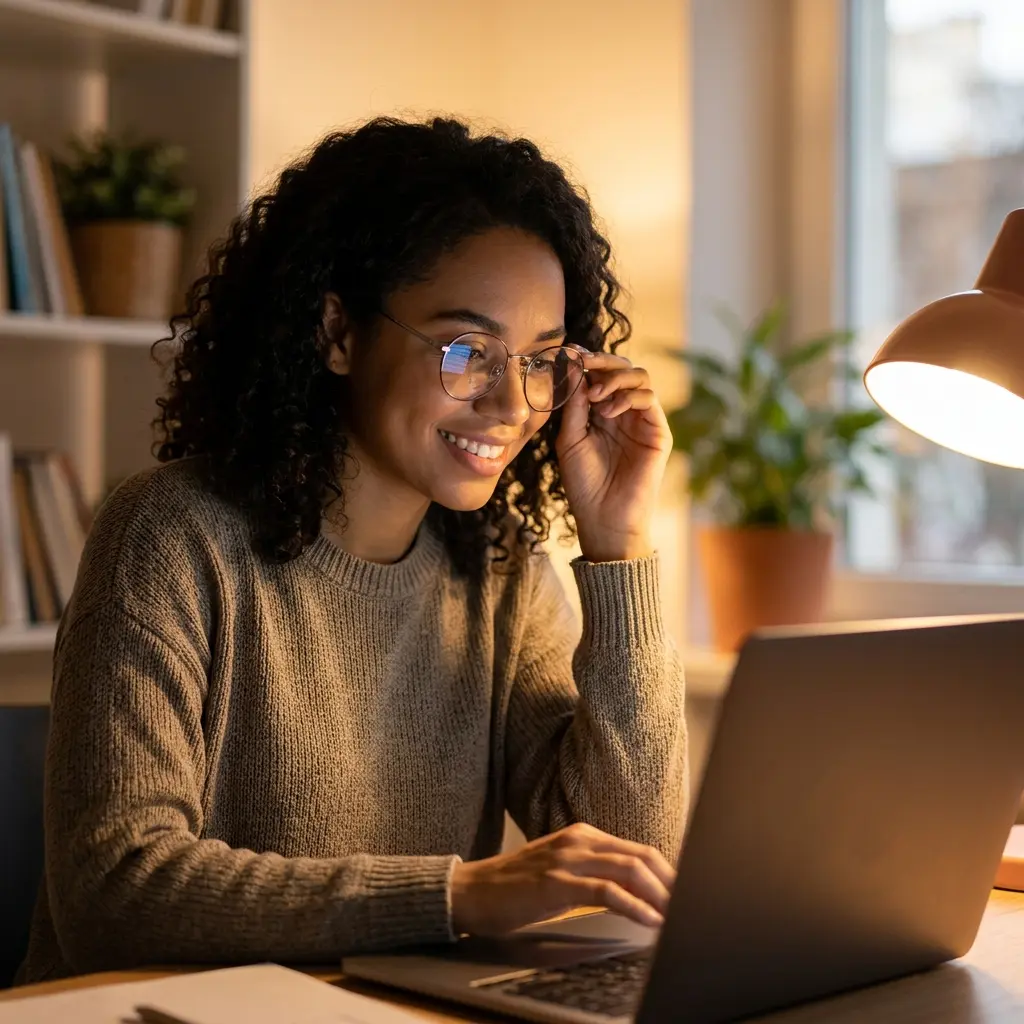 Smiling woman with glasses using a laptop at a desk with a lamp and plant nearby.