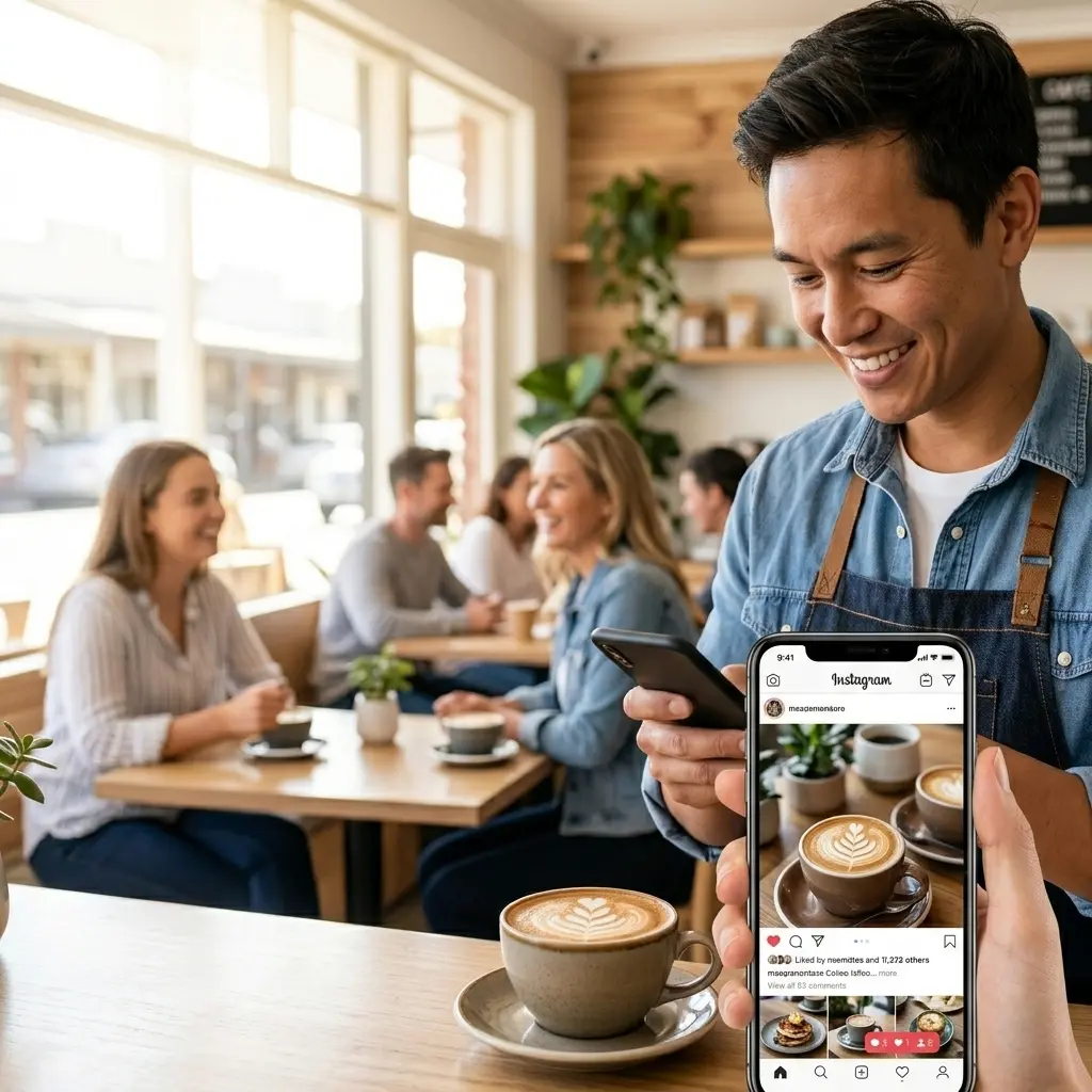 Barista photographing latte art with smartphone while customers chat at cafe tables in background.