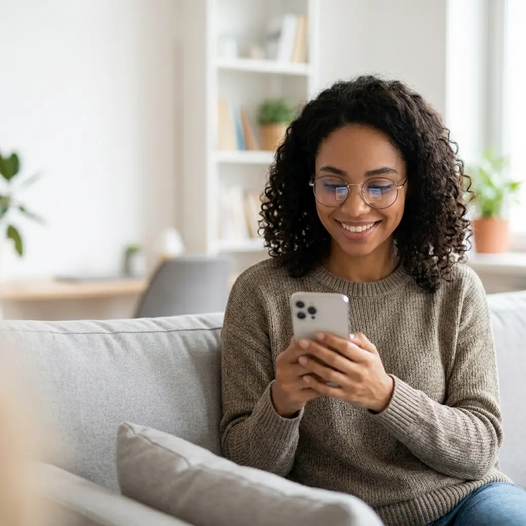 Smiling woman with glasses sitting on a couch looking at her smartphone indoors.