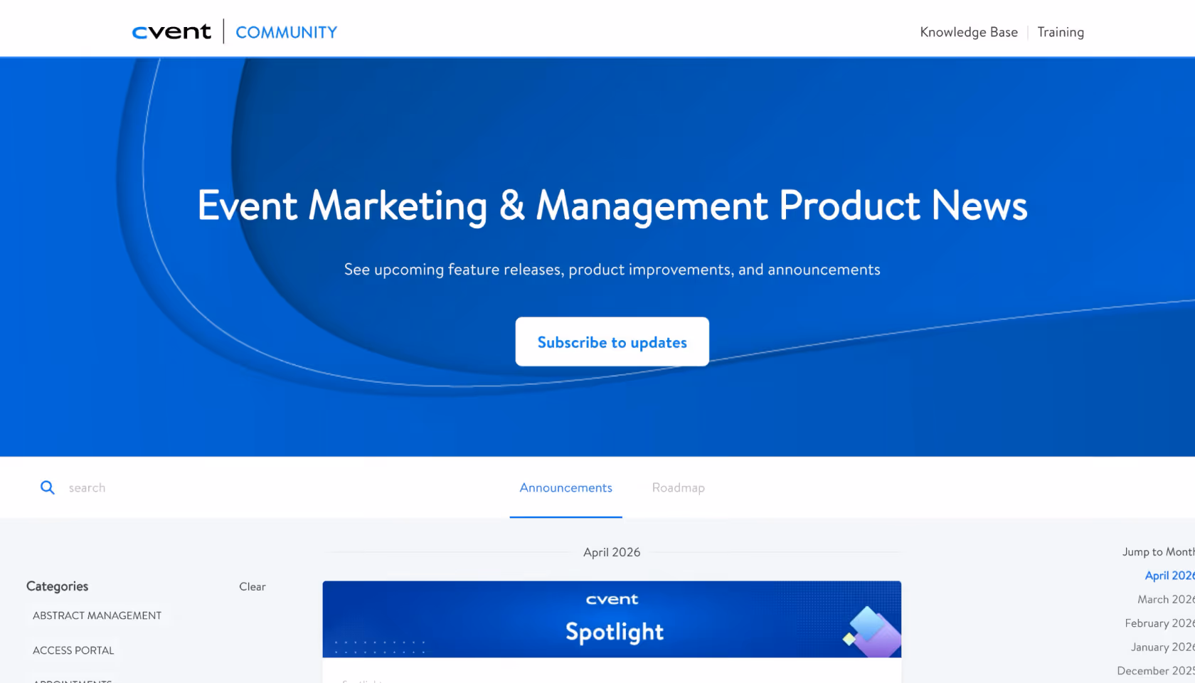 Cvent Community page for event marketing and management product news with subscribe button and categories.