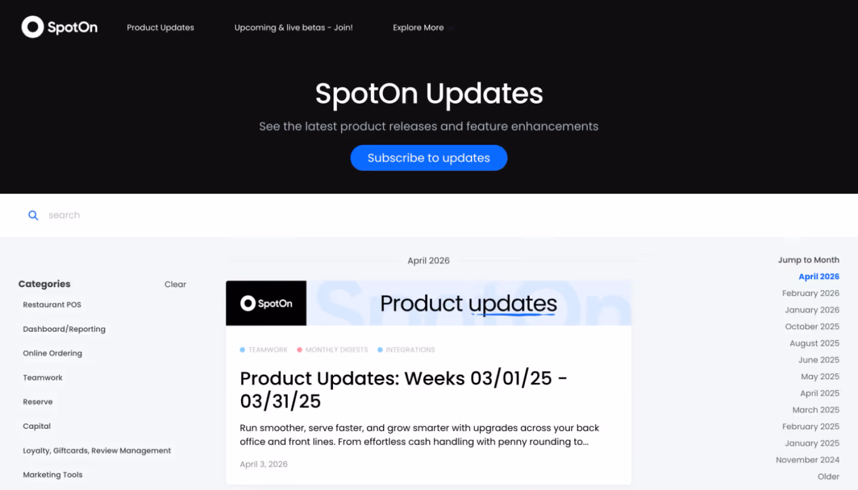 SpotOn webpage showing product updates with categories, dates, and a subscribe button on a dark header.