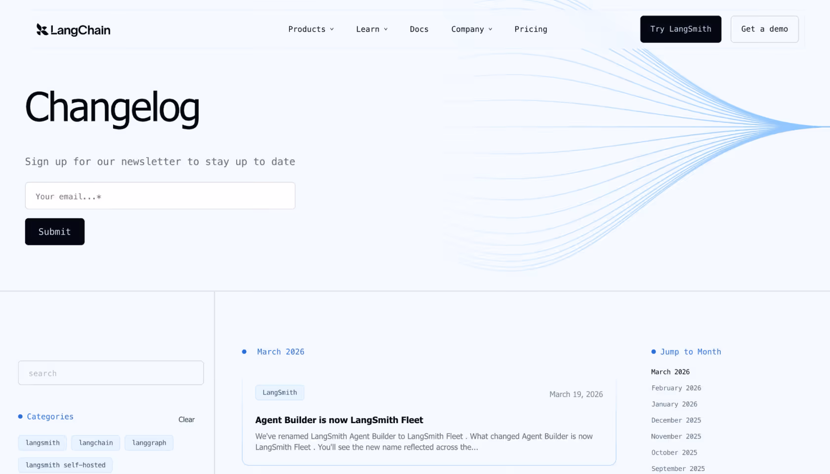 LangChain changelog page with newsletter signup, categories, and an update about LangSmith Fleet dated March 19, 2026.