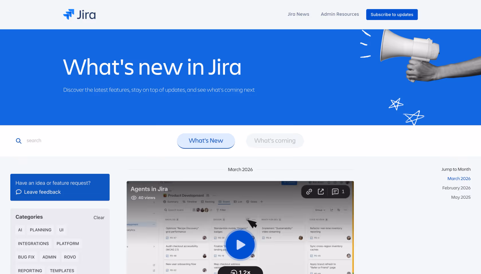 Jira changelog page titled 'What's new in Jira' with a video preview and category filters.