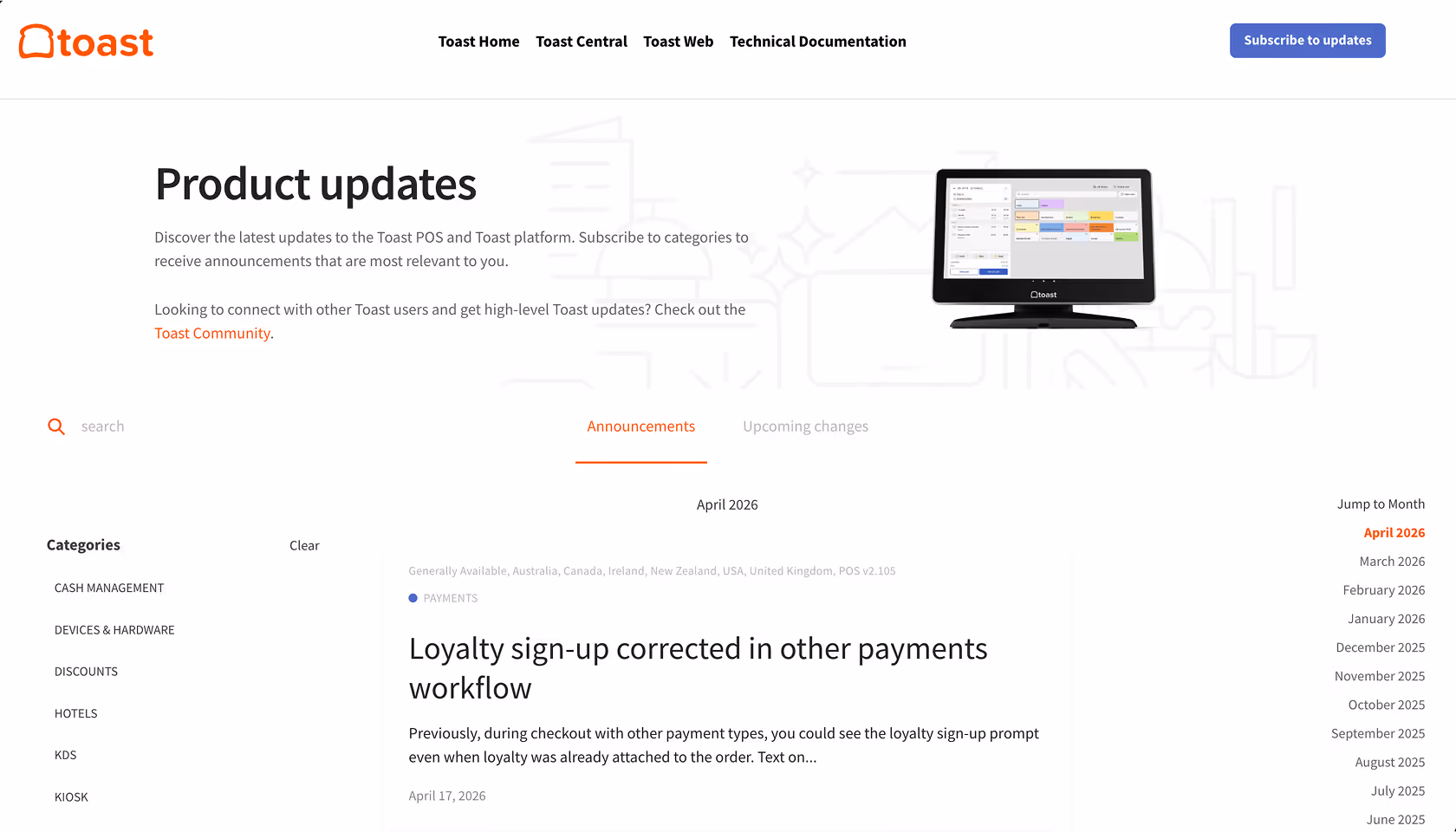 Toast product updates webpage showing categories, announcements, and a loyalty sign-up correction for payments.