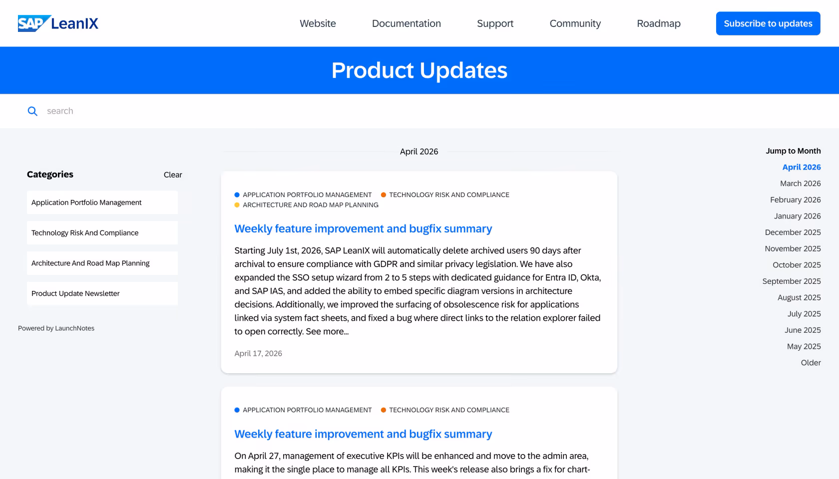 SAP LeanIX product updates page showing categories and April 2026 weekly feature improvement summaries.