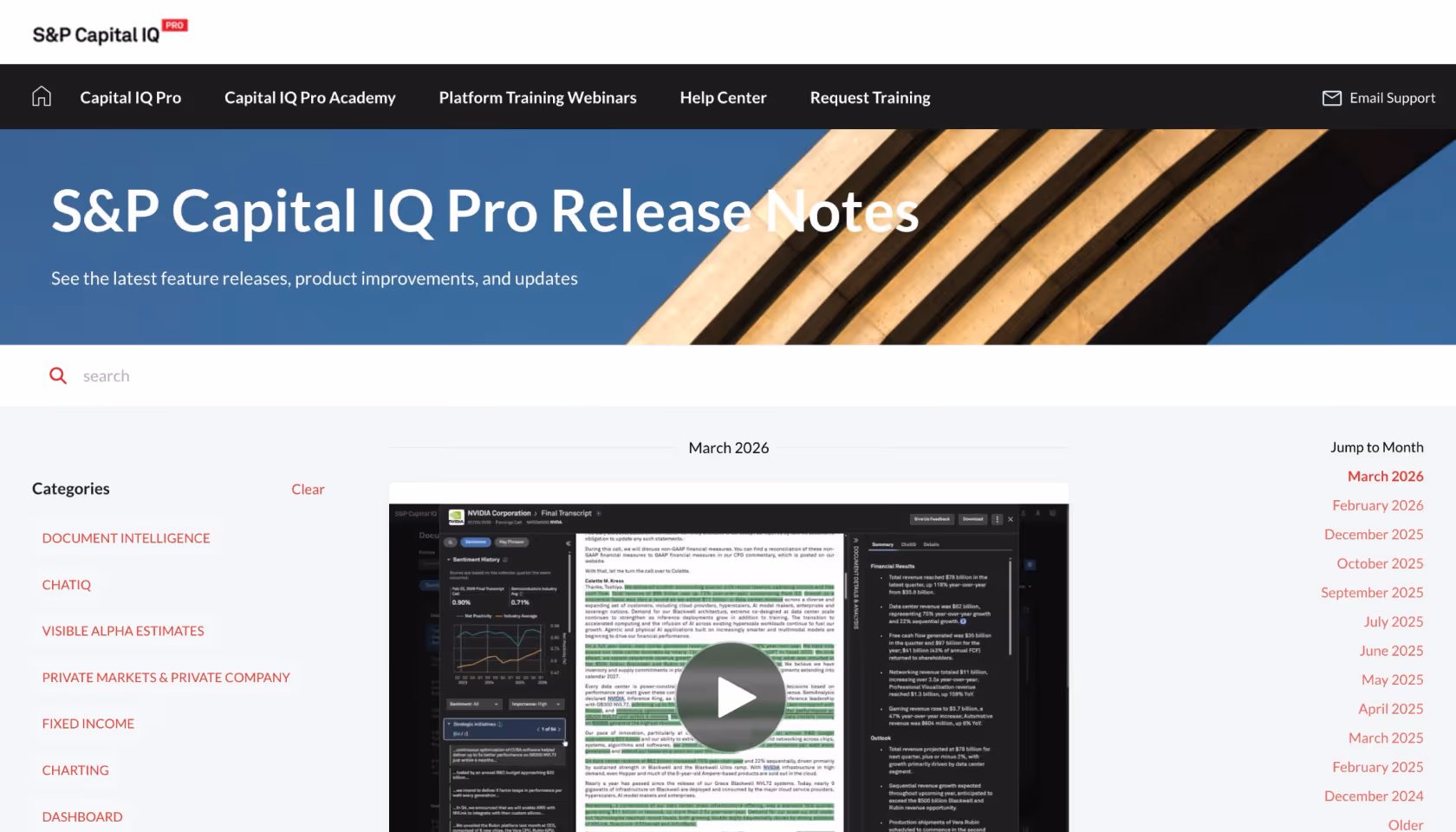 S&P Capital IQ Pro release notes page showing categories, a video player, and a jump-to-month list on the right.