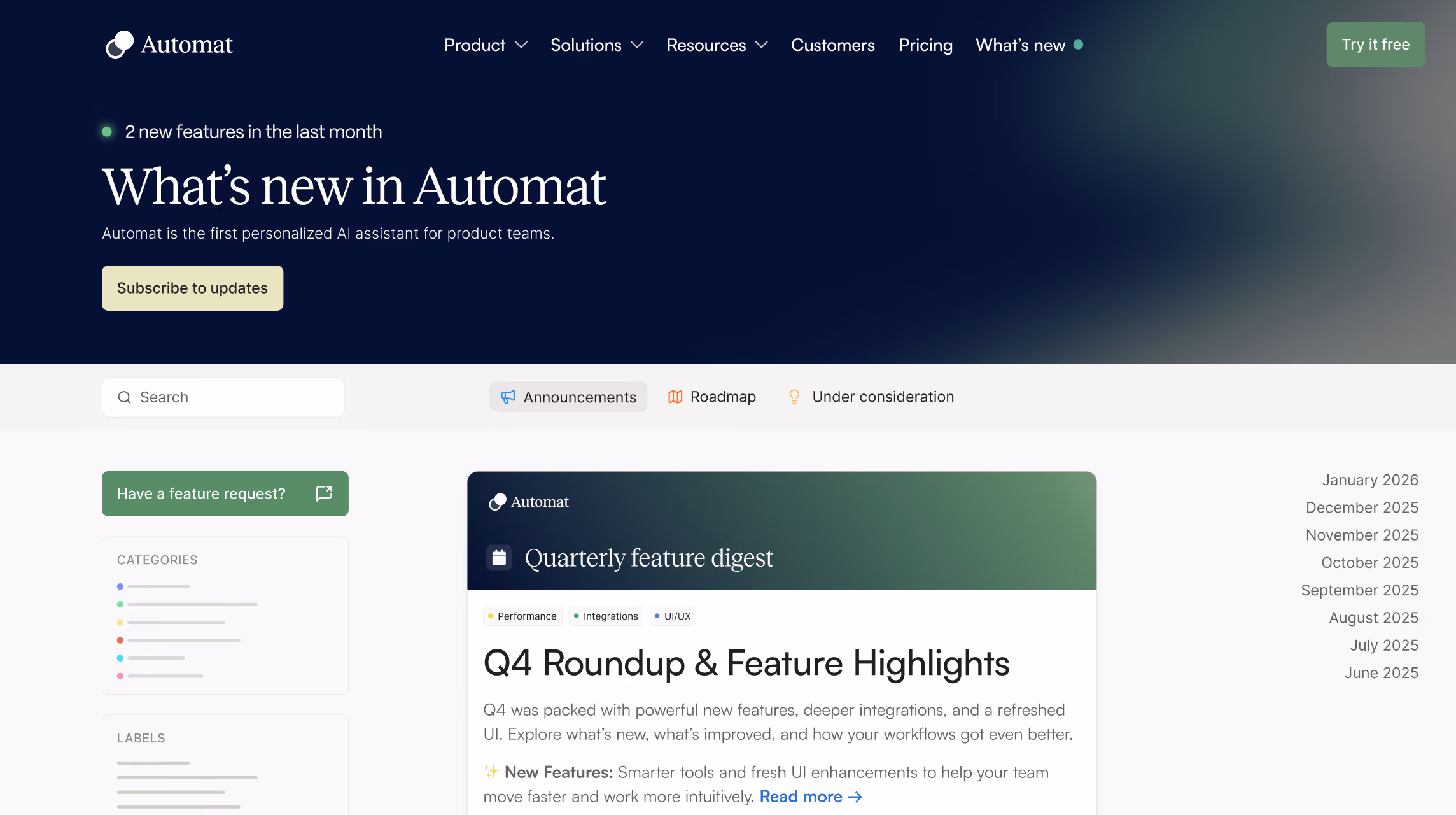 Automat's announcement page showing Q4 roundup, feature highlights, and subscription option.