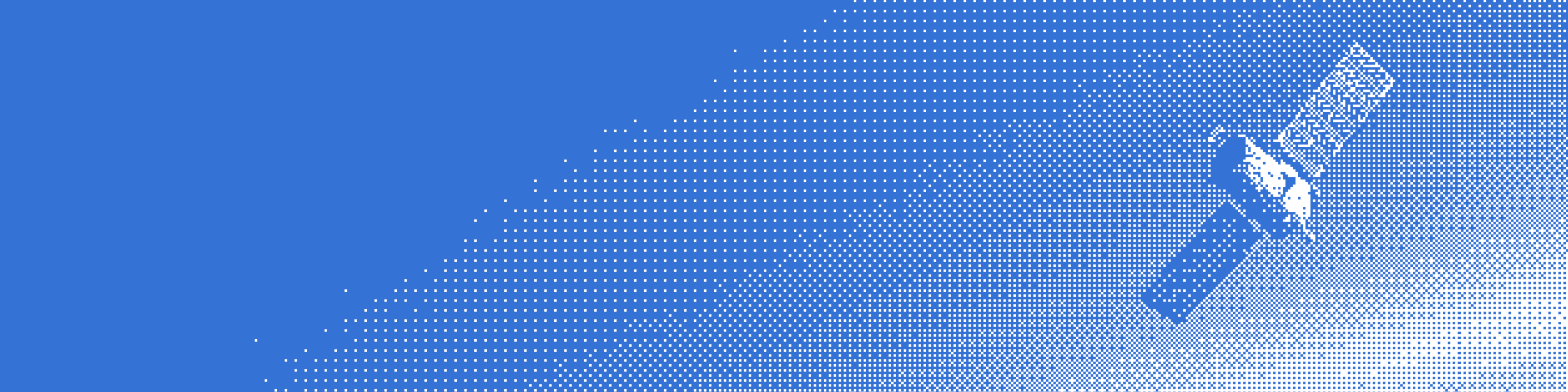 Pixelated blue and white image of a satellite orbiting in space against a blue background.
